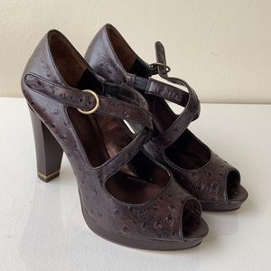 Ostrich Leather Criss-Cross Strap Peep Toe Heels